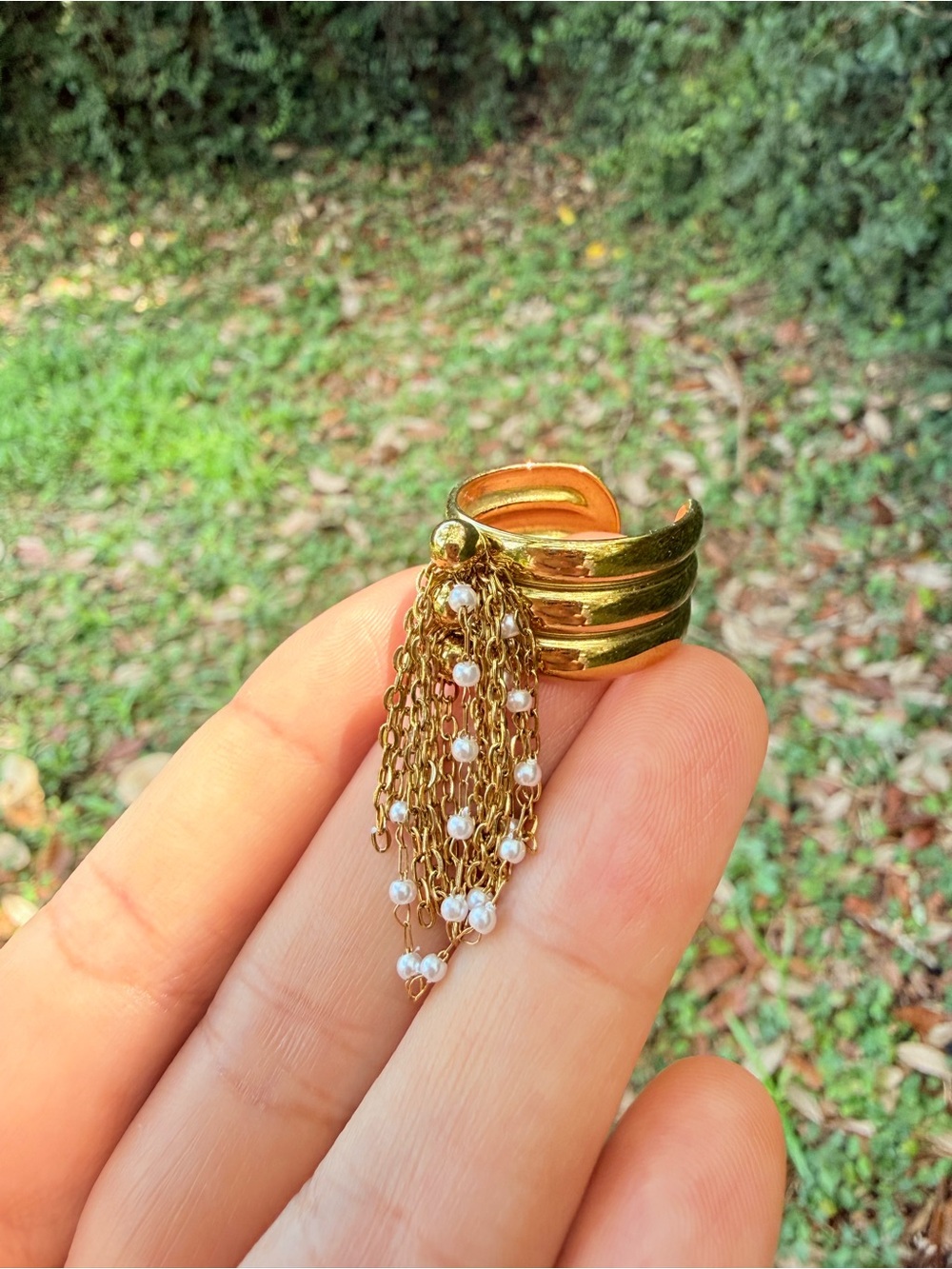 Gold Pearl Tassel Adjustable Band Ring - Picture 3 of 6